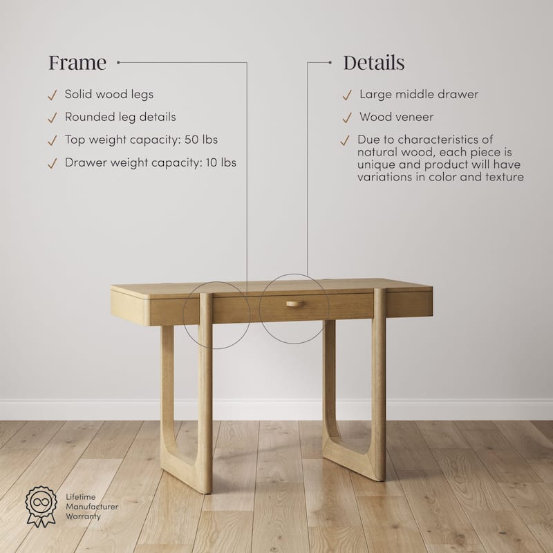 Haley Mid Century Modern Home Office Desk, Solid Wood Writing Desk with Drawer and Rounded Leg Details