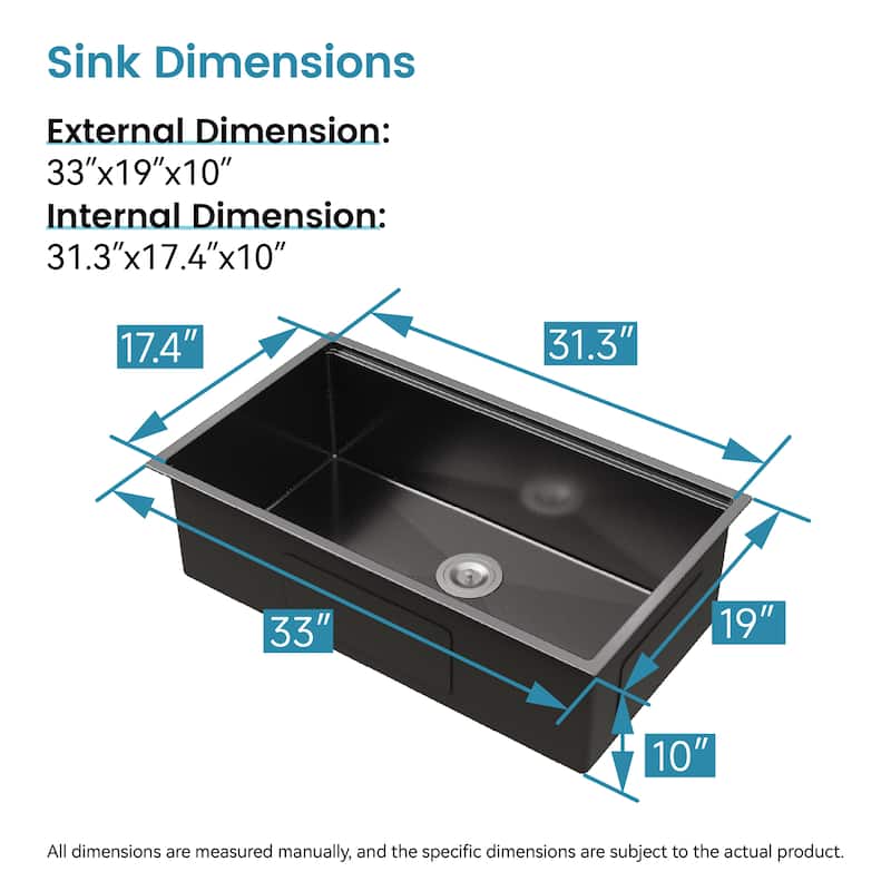 Stainless Steel Kitchen Sink, 33″x19″ Single Bowl, Undermount Handmade Sink in Brushed, with Cutting Board, Colander