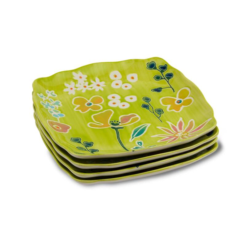 Euro Ceramica Primavera 4 Piece Handpainted Stoneware Canape Plate Set - 6.3 in. x 6.3 in. x 0.79 in.
