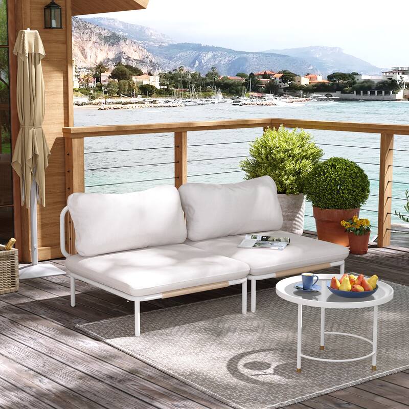 Pellebant Outdoor Sectional Sofa Patio Conversation Seating Set - Set of 2 - Beige - 2PC with 2 Armrest