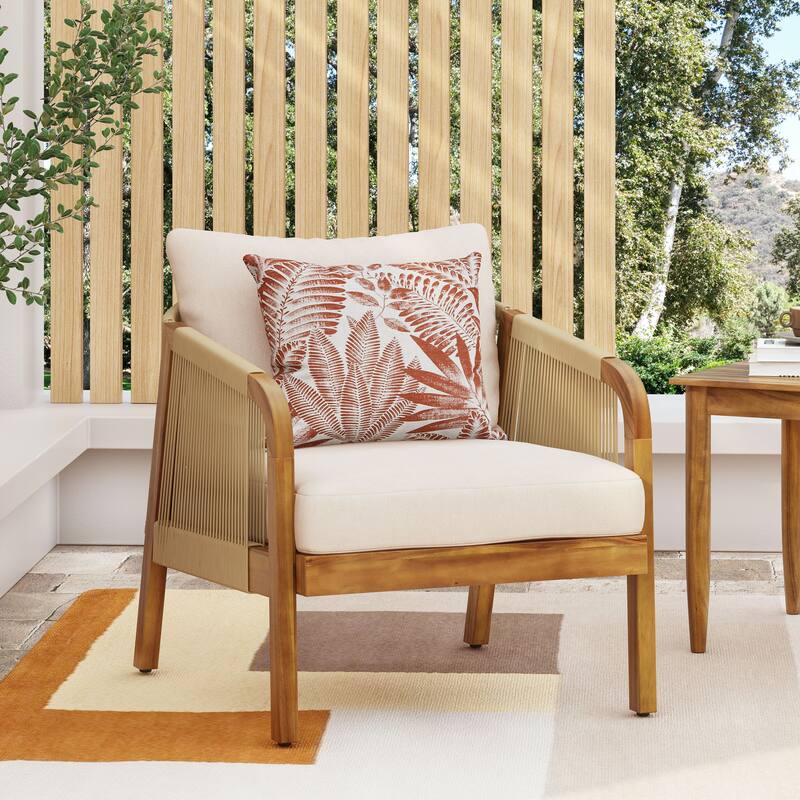 Acacia Wood and Wicker Outdoor Club Chair, Deep Seating with Soft Cushion, Porch Chairs for Garden, Backyard Porch Balcony - Brown+Beige