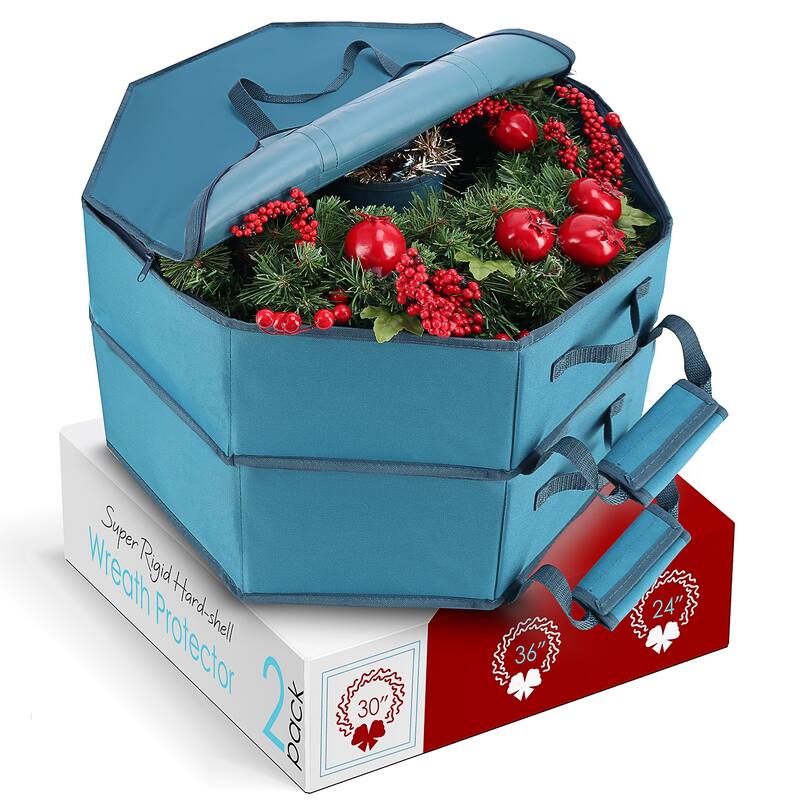StorageBud Wreath Storage Container - Hard Shell Christmas Wreath Storage Bag with Interior Pockets, Dual Zipper and Handles - 30" - 2 Pack