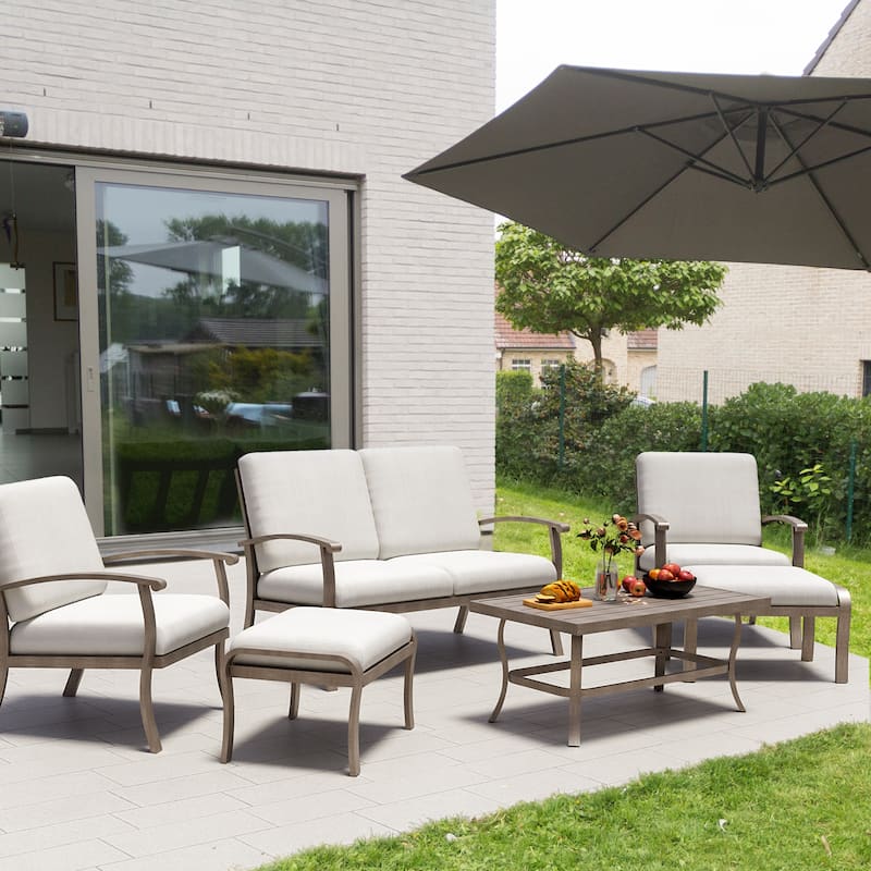 6-Piece Aluminum Patio Conversation Set with Coffee Table, Loveseat, Ottoman and Light Gray Cushions