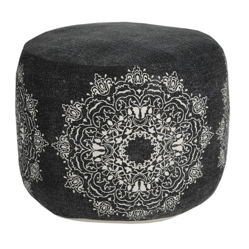18 Inch Black Cotton Pouf Ottoman with Floral Medallion Pattern - Black