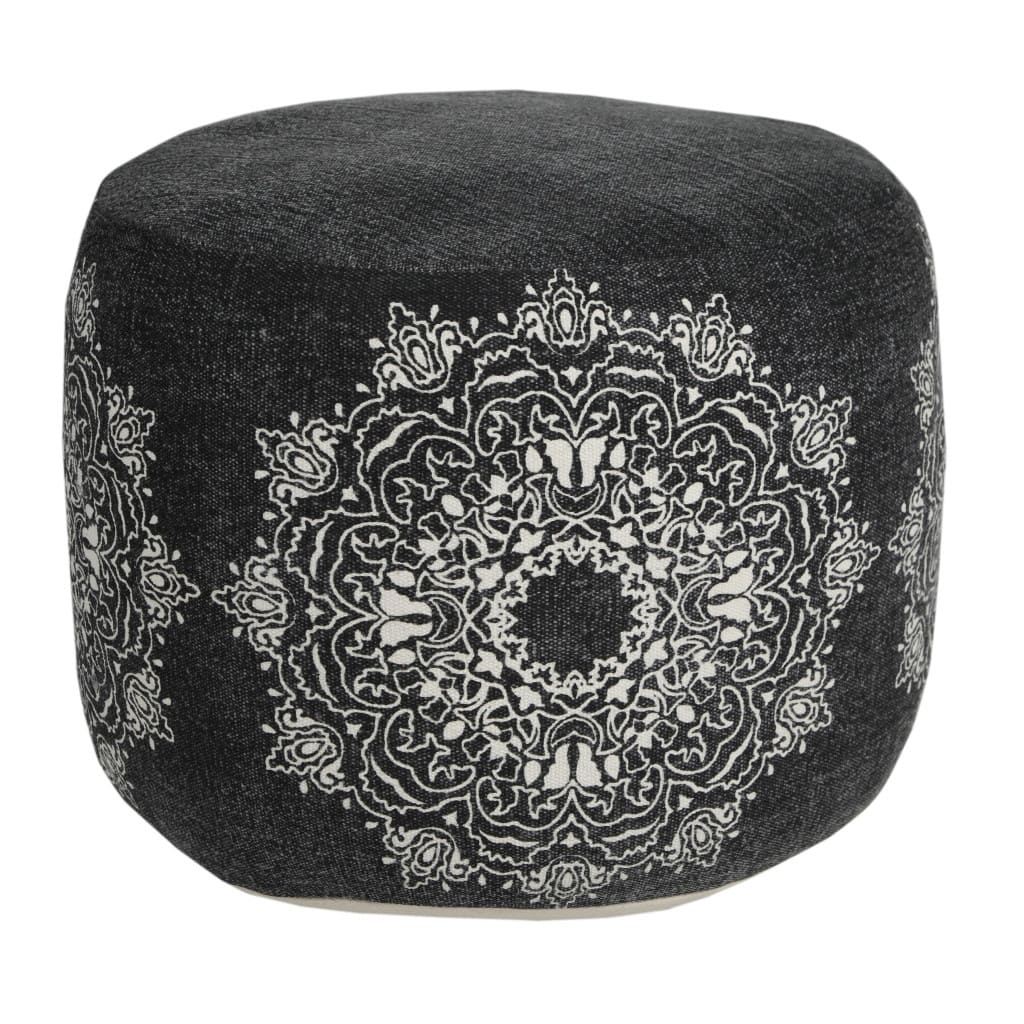 18 Inch Black Cotton Pouf Ottoman with Floral Medallion Pattern