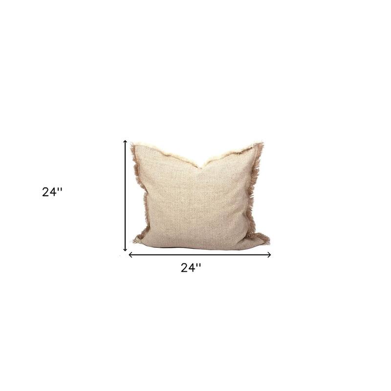 HomeRoots Set Of Two 24" x 24" Taupe 100% Cotton Herringbone Pillows With Fringe