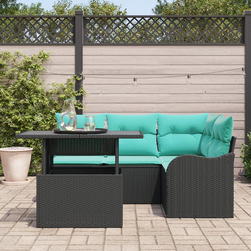vidaXL 5 Garden Sofa Set with Cushions Black/Brown/Grey Poly Rattan - 69.9 x 48.2 x 27.2