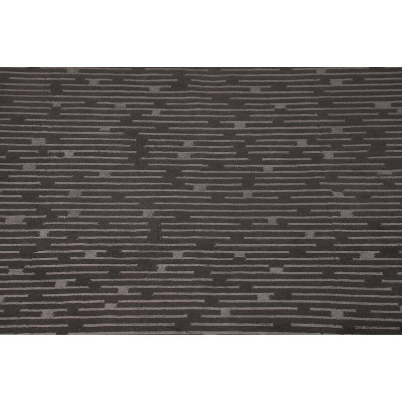 Striped Black Nepalese Indian Area Rug Hand-Knotted Wool Carpet - 9'0" x 11'8"