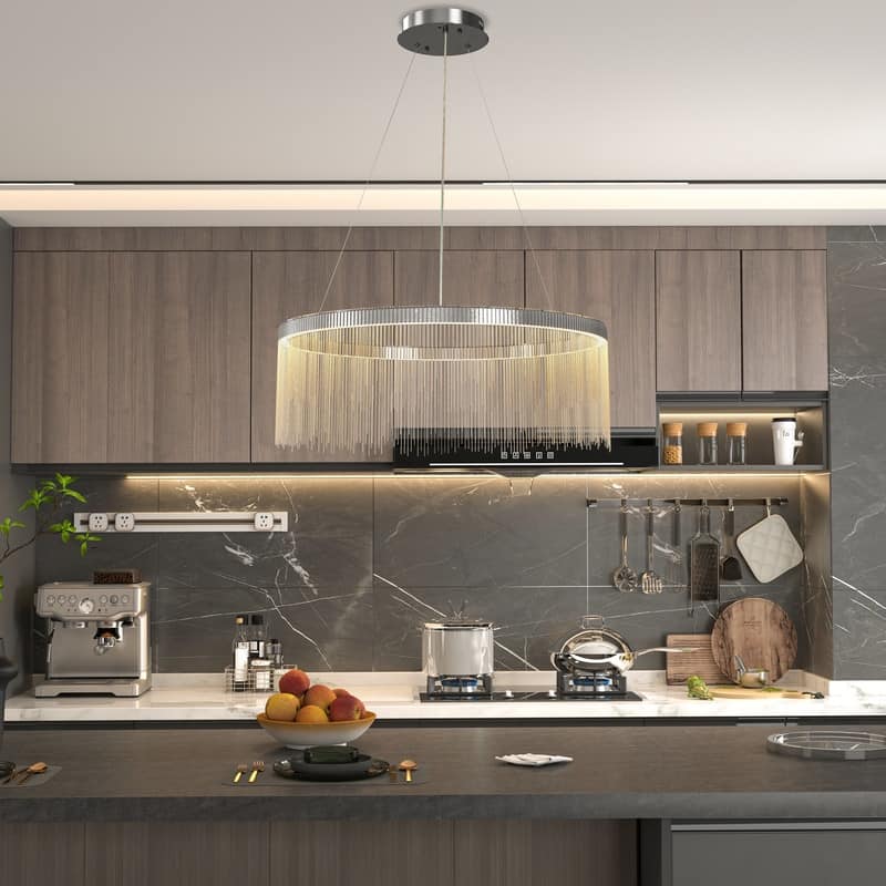 Aluminum Tassel Linear Chandelier Round Ceiling Pendant Lighting Fixture Over Dining Table, Kitchen Islands, Entryways