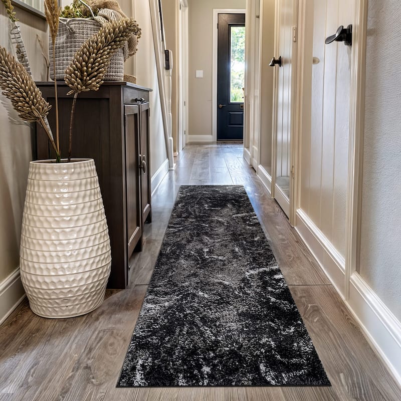Abstract Marble Shag Rug - Anthracite Dark Gray - Plush Medium Pile, Durable with Jute Backing - Anthracite - 2' 3" x 12'