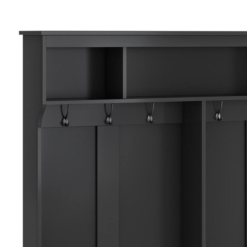60" Wide Black Hall Tree with 24 Shoe Cubbies, Metal Black Hooks
