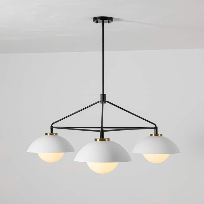 3-Light 41.9" W Mid-Century Modern Matte Black Dome Geometric Metal Chandelier with Opal Glass Globe Shades - Black/White - 41.93 in. H x 17.32 in. H x 41.93 in. D