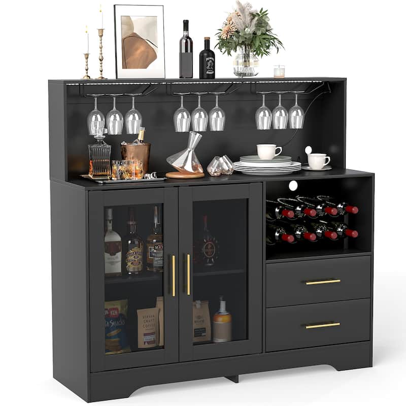EROMMY Farmhouse Coffee Bar Cabinet with LED Lights, Sliding Barn Door, Wine Racks and Glass Holder, Home Liquor Cabinet