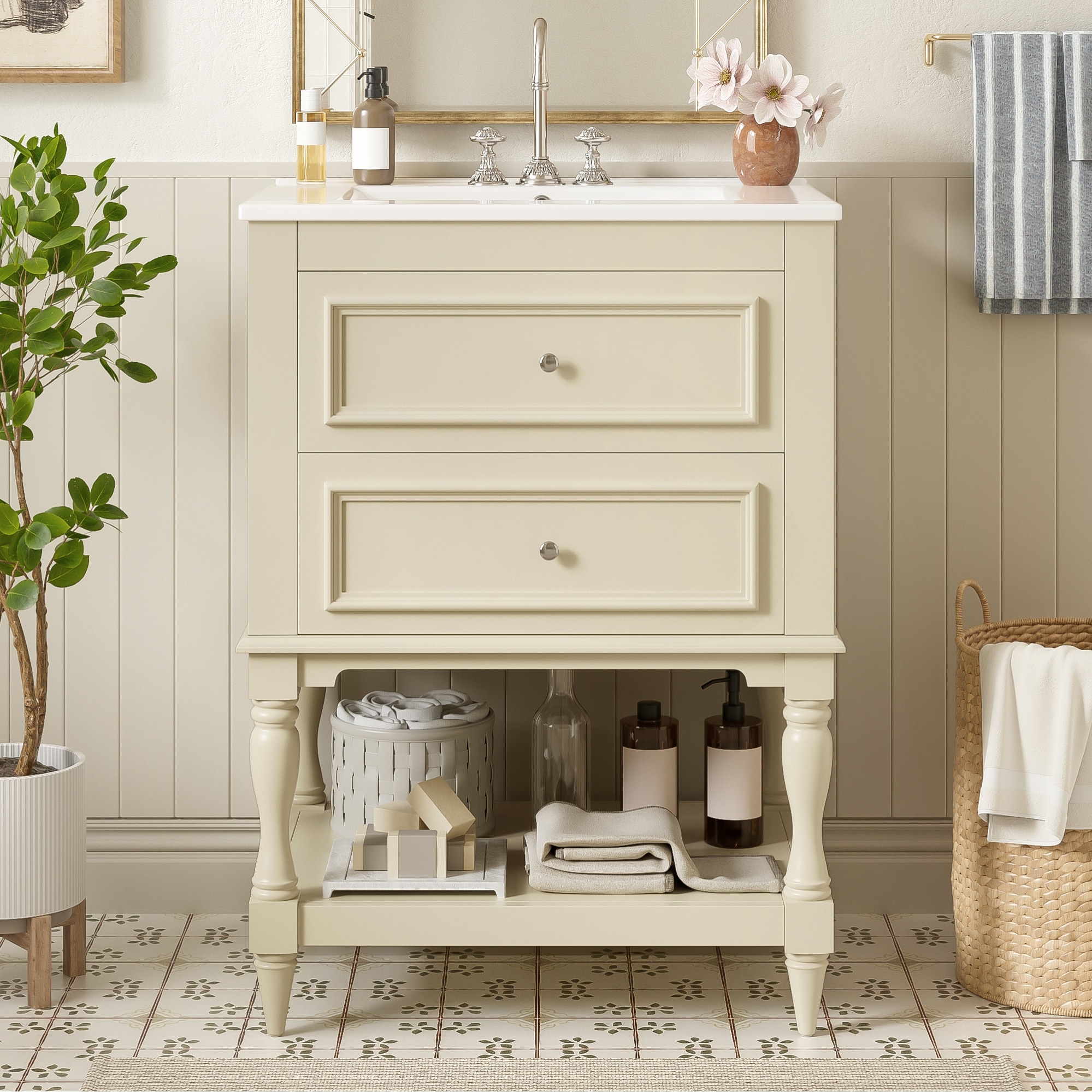 24" Retro Bathroom Vanity with Ceramic Sink & 2 Drawers - Solid Wood Storage Cabinet with Open Shelf