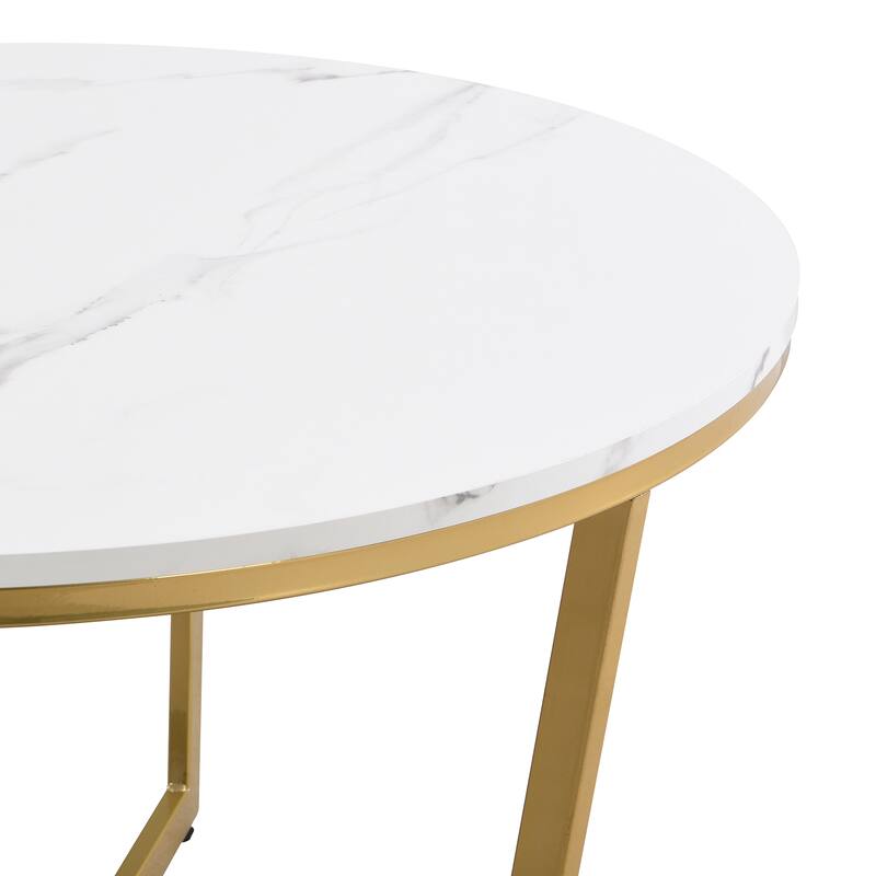 Nesting Coffee Table Set fo 2, Modern Round Sofa Side Table Center Table Set with White Faux Marbling Top, Gold Base
