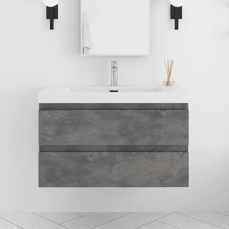 Floating Bathroom Vanity Integrated White Resin Sink - Stone Grey - 36.2'' x 19.1'' x 21.7''