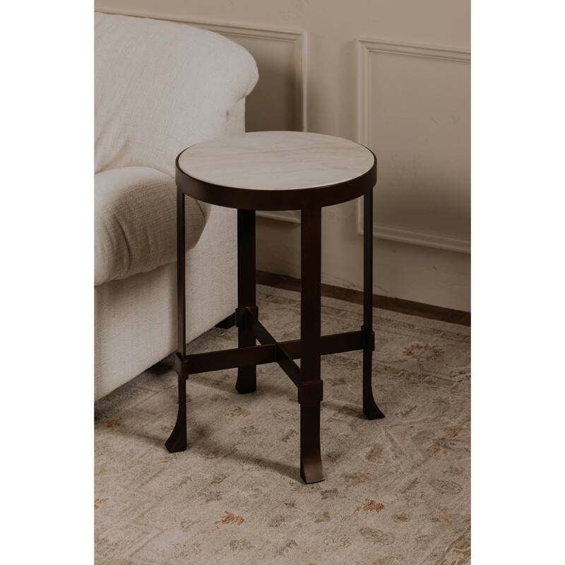 NADAAL STUDIOS Caelin Side Table, White Marble Top with Iron Base and Metal-Rim Edge, White