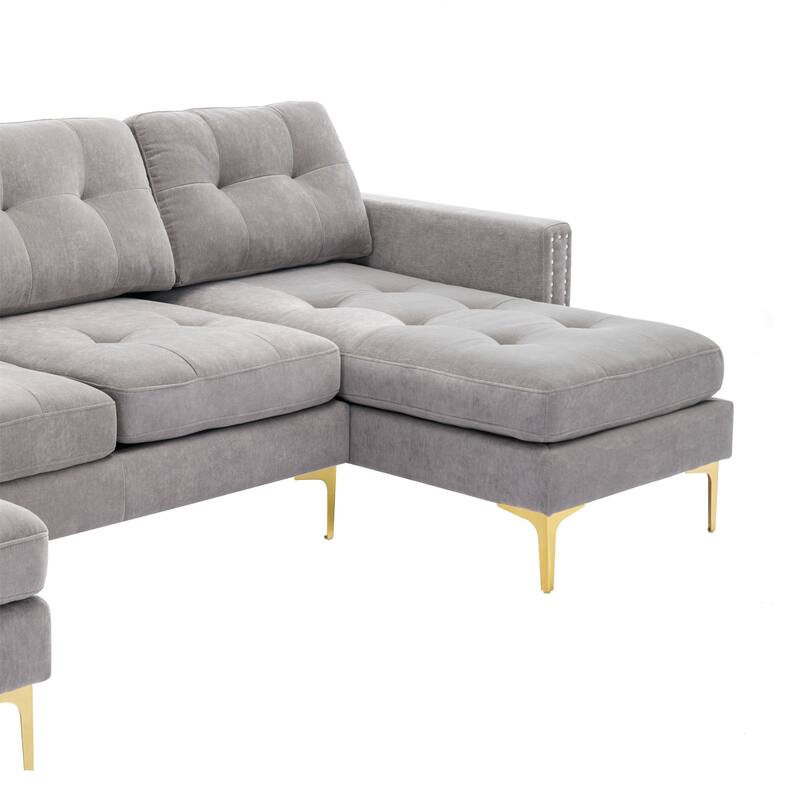 110.6" Velvet L-Shaped Sectional Sofa with Movable Ottoman and Storage Pockets