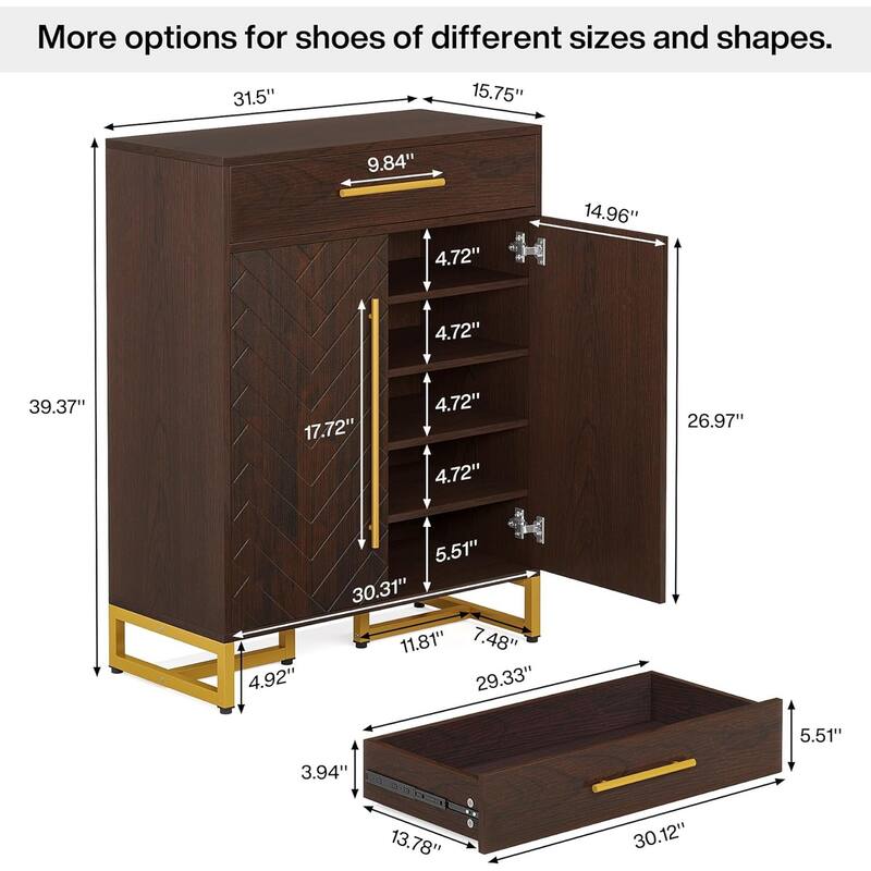 5-Tier Dark Brown Wooden Shoe Cabinet with Drawer and Holds 20 Pairs for Hallway and Living Room - 15.75”D x 31.5”W x 39.37”H