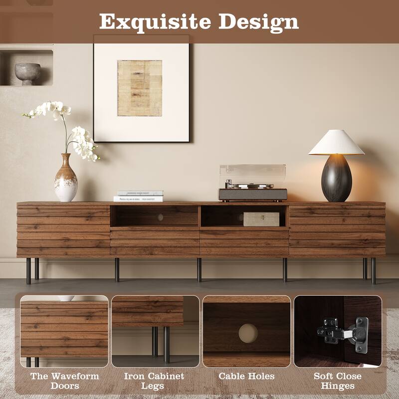 78.7" Modern Walnut TV Stand for TVs up to 85 Inch, Entertainment Center with Slatted Doors, Soft-Close Hinges