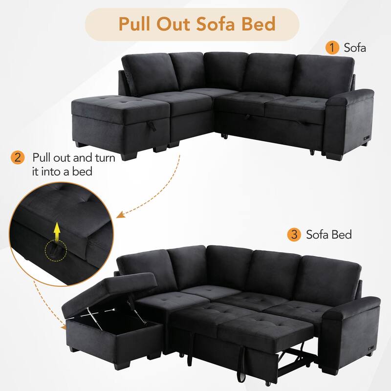 84.75'' L-Shaped 5-Seater Sleeper Sectional Sofa with Storage Ottoman, Hidden Arm Storage, and USB Charging Ports