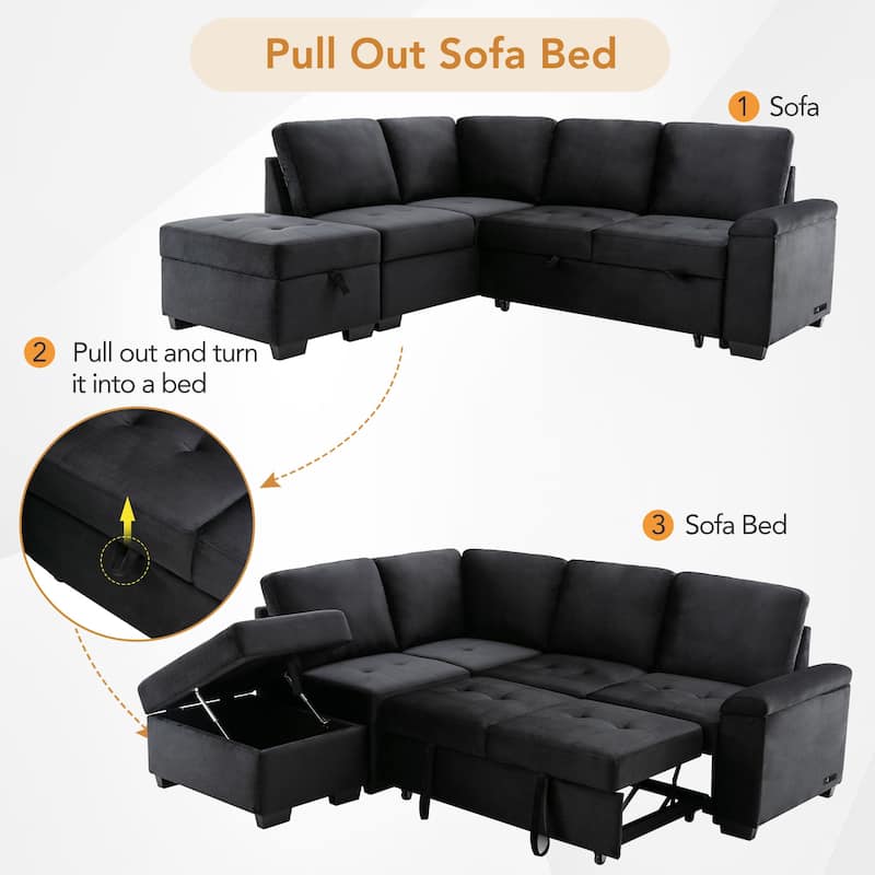 Velvet Sleeper Sectional Sofa, L-Shape Corner Couch Sofa-Bed with Storage Ottoman, Hidden Arm Storage, USB Charge