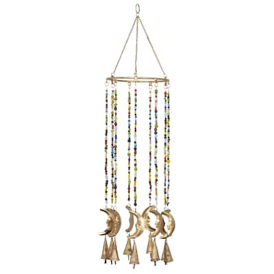 Metal Moon Windchime with Glass Beads and Cone Bells - Gold - Roche River Decor