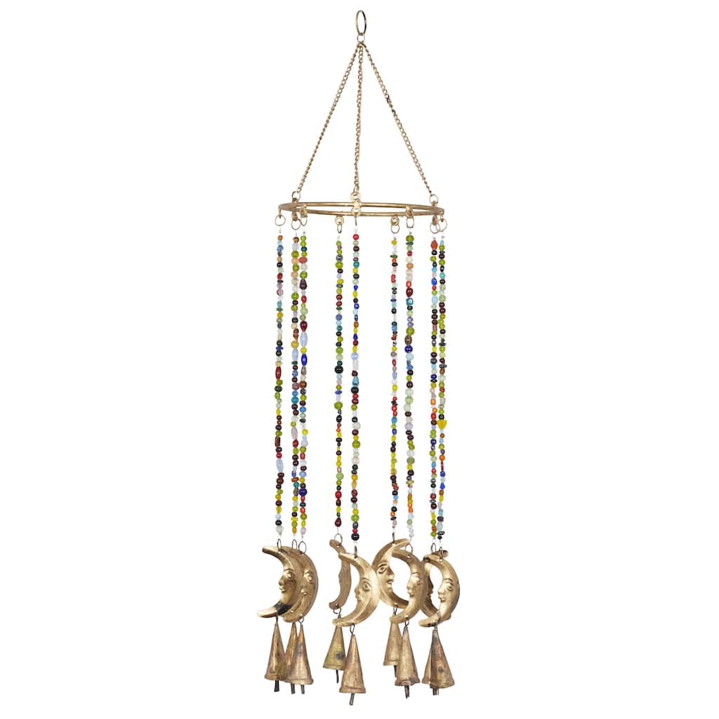 Metal Moon Windchime with Glass Beads and Cone Bells - Gold - Roche River Decor