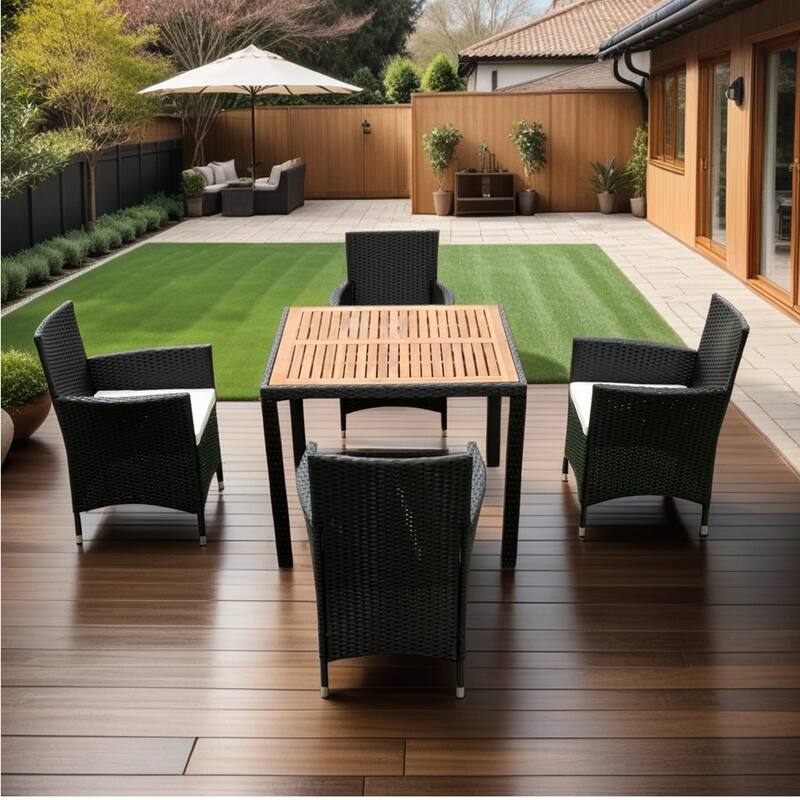 5 Piece Outdoor Conversation Set with 4 Chairs and Acacia Wood Table, Patio Rattan Dining Set with Cushions