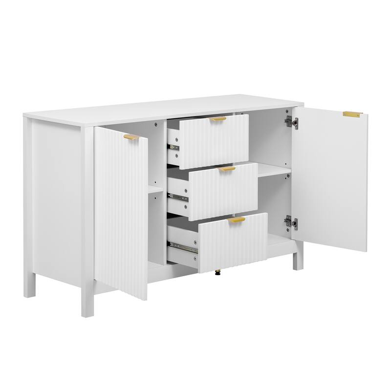 Cupboard with 2 Dimensional Relief Striping Doors and Adjustable Shelves, Entryway Cabinets with Metal Handles and 3 Drawers