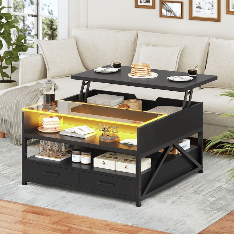 Coffee Table Lift Top 2 Drawers Hidden Compartment for Living Room
