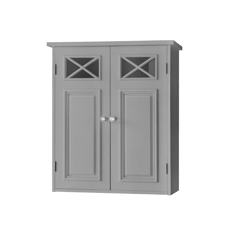 Teamson Home Dawson 2-Door Gray Bathroom Wall Cabinet, Removable Glass Panel, Adjustable Shelf, Cross Molding Storage