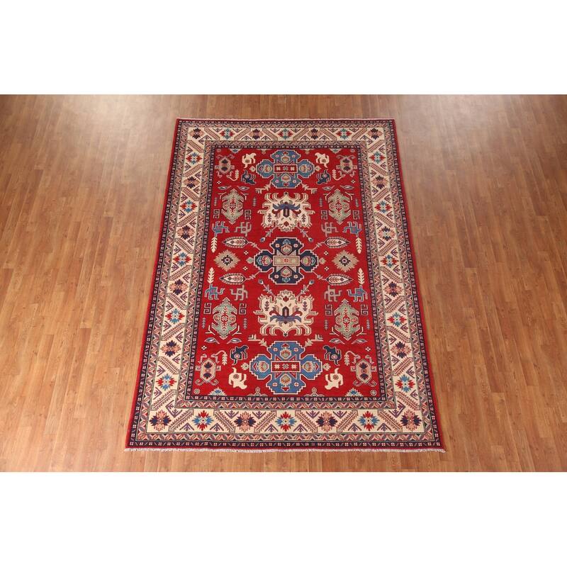 Red Geometric Kazak Area Rug Hand-Knotted Living Room Wool Carpet - 6'8" x 9'9"