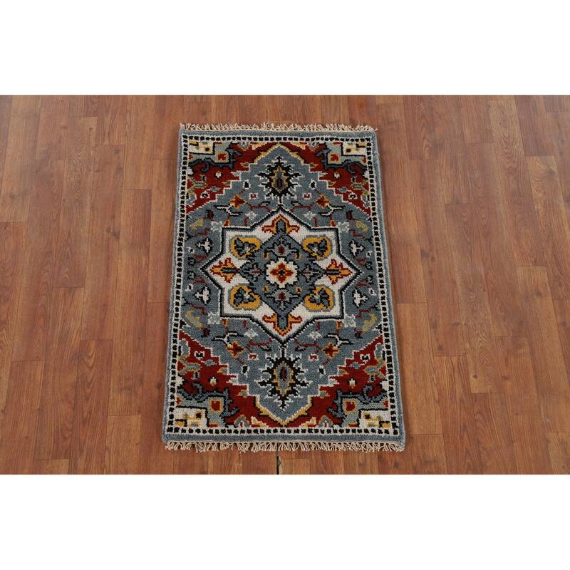 Blue Geometric Kazak Oriental Accent Rug Hand-Knotted Wool Carpet - 2'0" x 3'0"