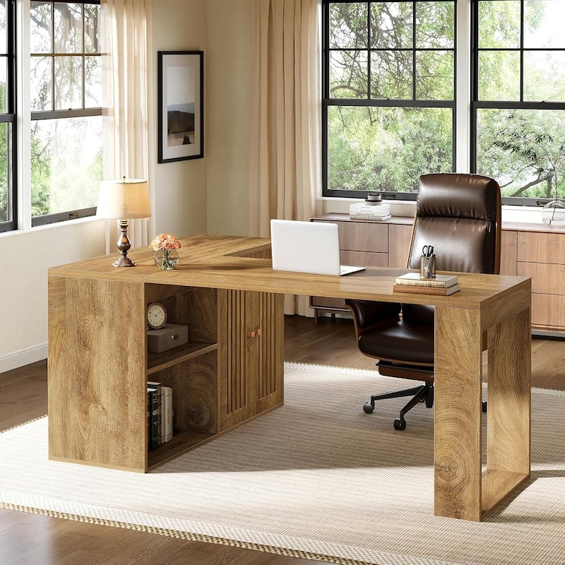 L Shaped Executive Desk with Storage Cabinet, 59-Inch Corner Office Desk