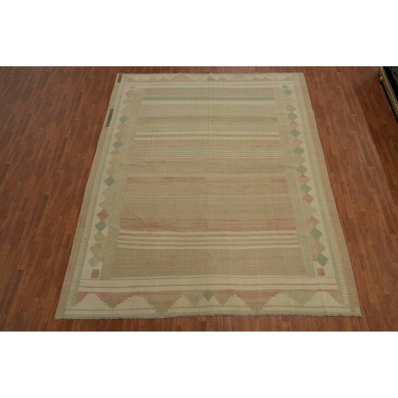 Hand Woven Oriental 100% Wool Carpet Southwestern Tribal Beige & Ivories Kilim Area Rug - 12' 8'' X 10' 2''