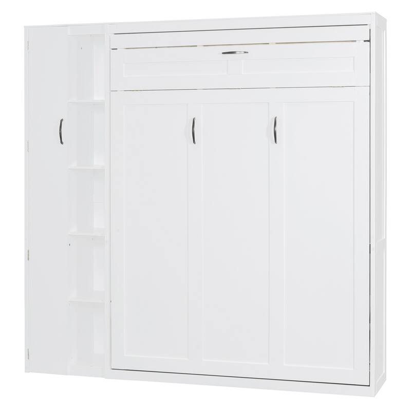 Space-Saving White Murphy Bed with Shelves, Wardrobe & LED Lights - Full Size