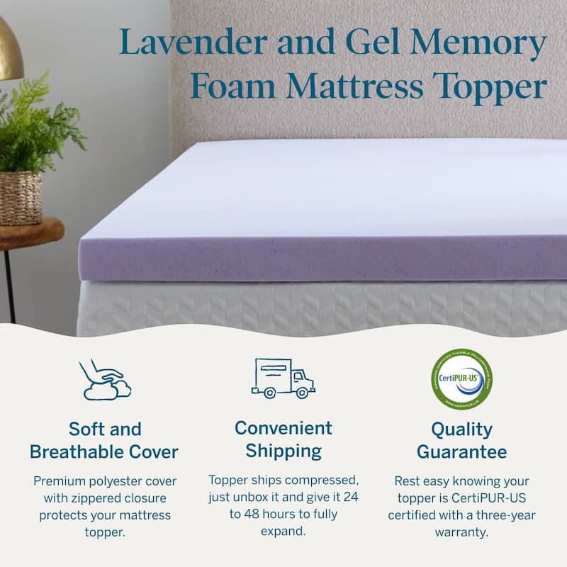 Lucid Lavender and Gel Covered Mattress Topper 2,3,4 inch - N/A