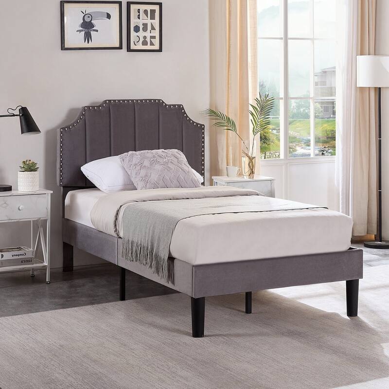 VECELO Double Twin Bed Set 41"-47" Adjustable Height Platform Bed with Nailhead Trim 7.8" Underbed Storage No Box Spring Needed