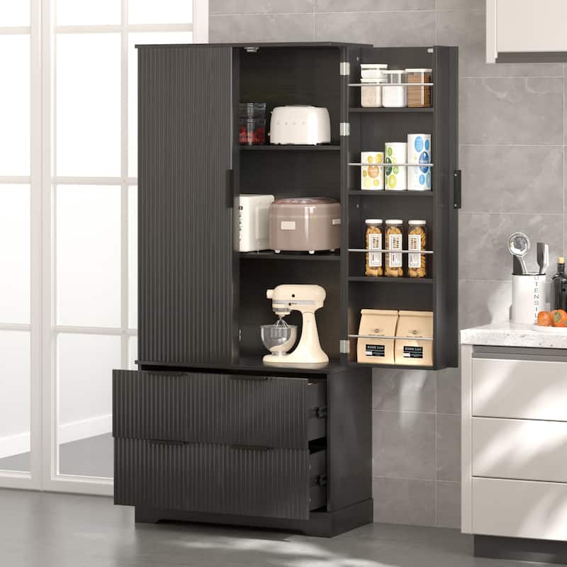 Farmhouse Kitchen Pantry Cabinet with 2 Deep Drawers & 8-Door Spice Rack - Storage Cupboard for Dining Room (72" Tall)