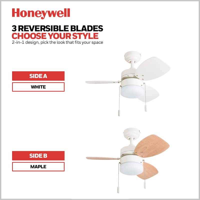 30" Honeywell Ocean Breeze White Modern Indoor LED Ceiling Fan with Light, Pull Chain