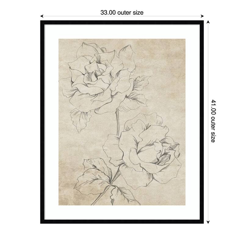 Rose Sketch Sepia by Patricia Pinto Wood Framed Wall Art Print - 33 x 41 in - Black