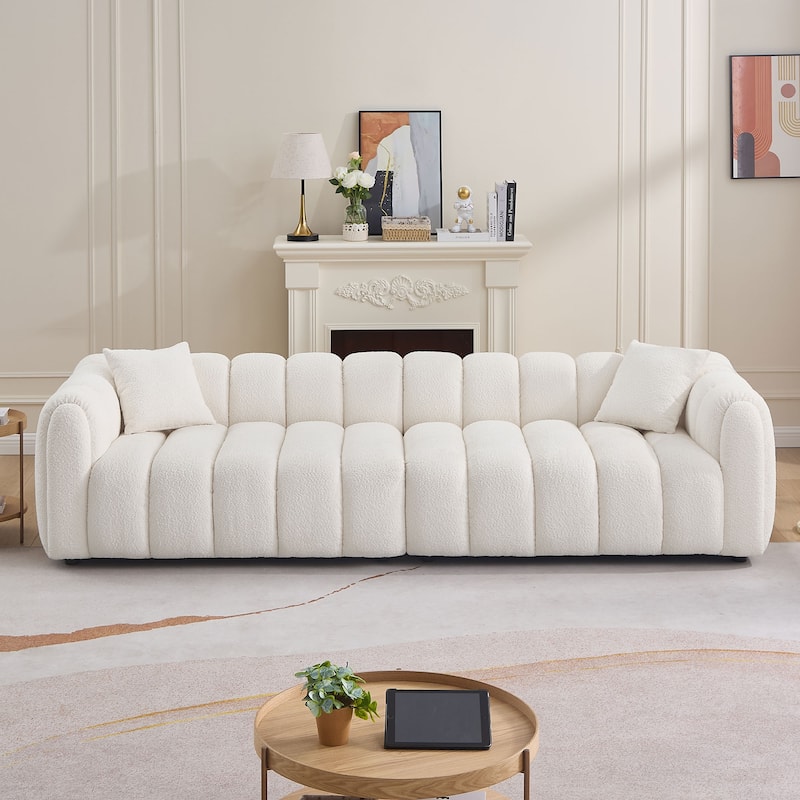 Modern Sofa Upholstery Leisure Wide Seat Teddy Fabric Couch for Living Room, Office, Bedroom - Beige