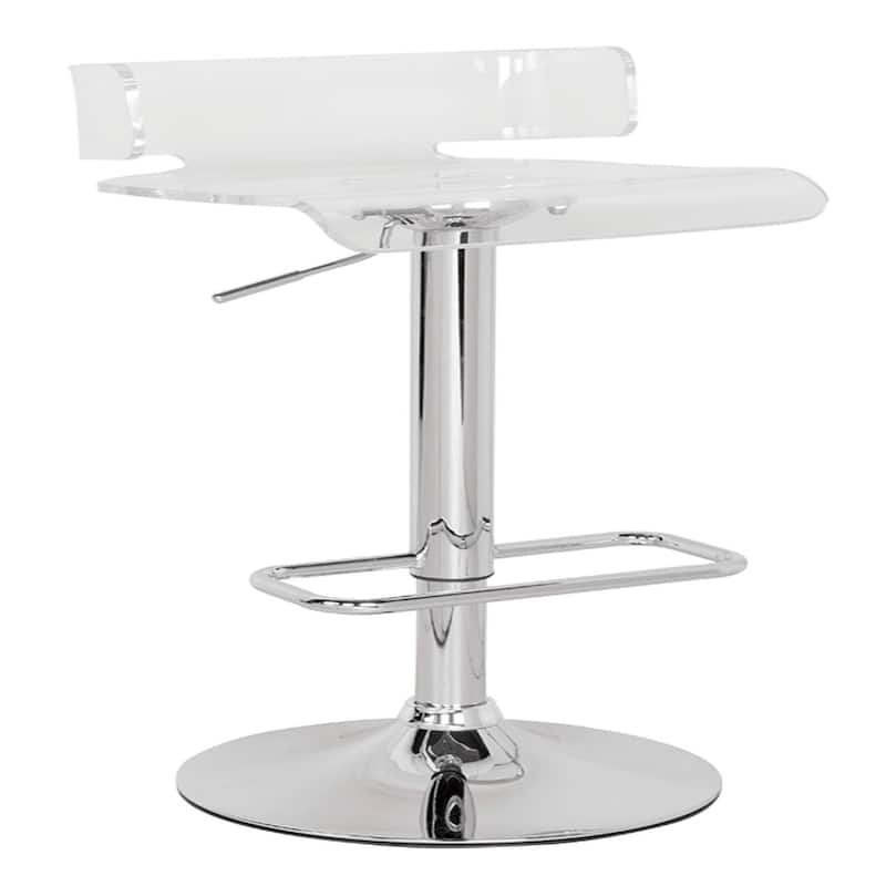 Acrylic Adjustable Height Pedestal Bar Chair with Swivel and Footrest - 16” x 15” x 26” (D x W x H) - Clear-Silver
