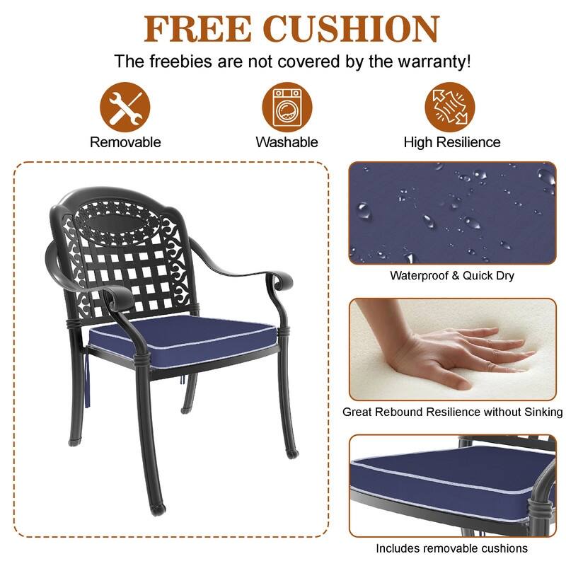 5-Pc Aluminum Patio Set , 4 x Armchairs with Blue Cushions with Round Table