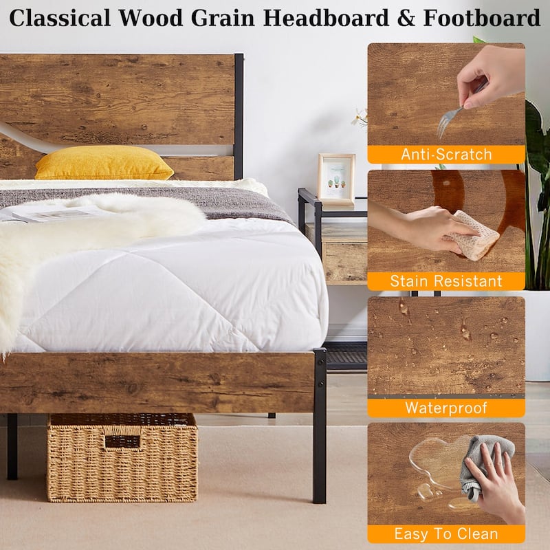 Javlergo Metal Platform Bed Frame with Wooden Headboard and Footboard Farmhouse Rustic Platform Bed Frame No Box Spring Needed