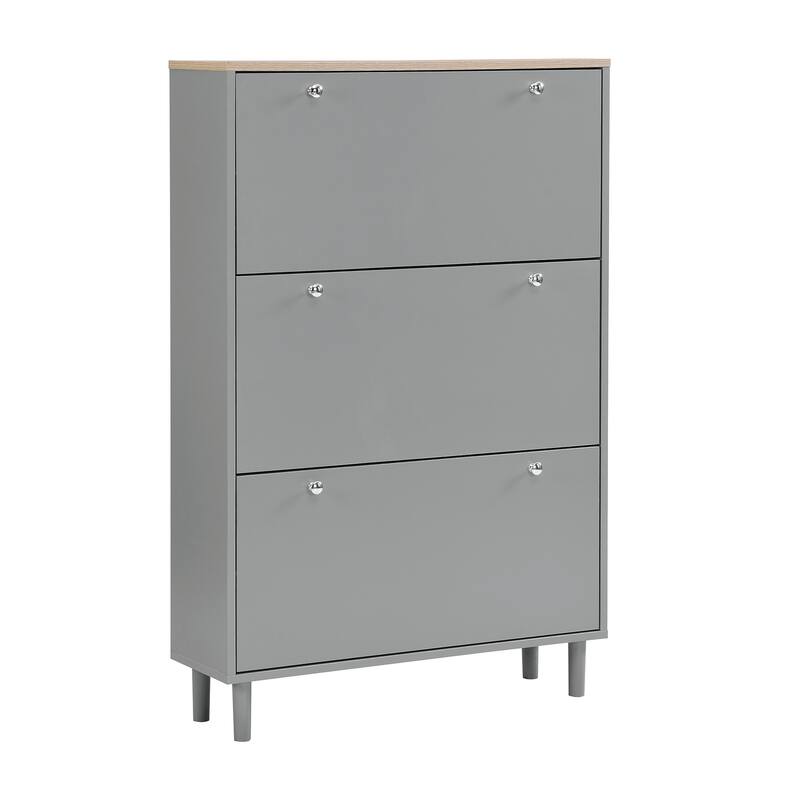 Sleek Narrow Shoe Cabinet with Adjustable Shelves & 3 Flip Drawers, Wood Grain Finish for Entryway Storage
