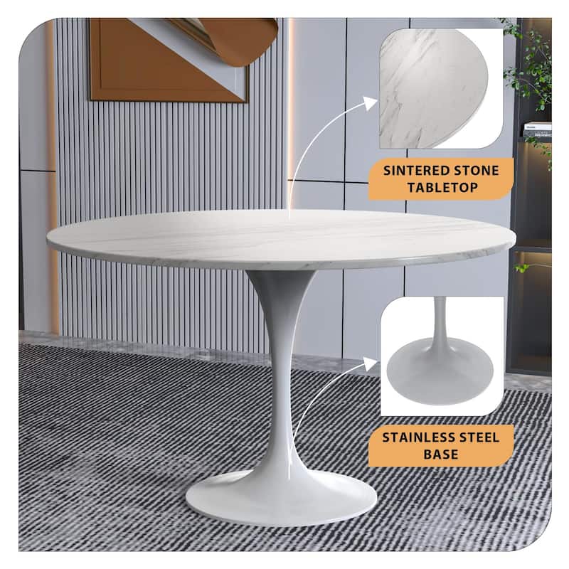 LeisureMod Verve 48" Round Dining Table with Stone TableTop and White Steel Base for Kitchen & Dining Room