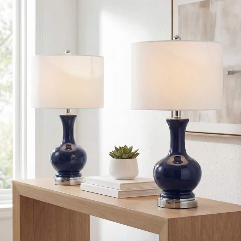 Vermont 22" Glass/Metal LED Table Lamp, White (Set of 2) by JONATHAN Y - Navy/Chrome/White