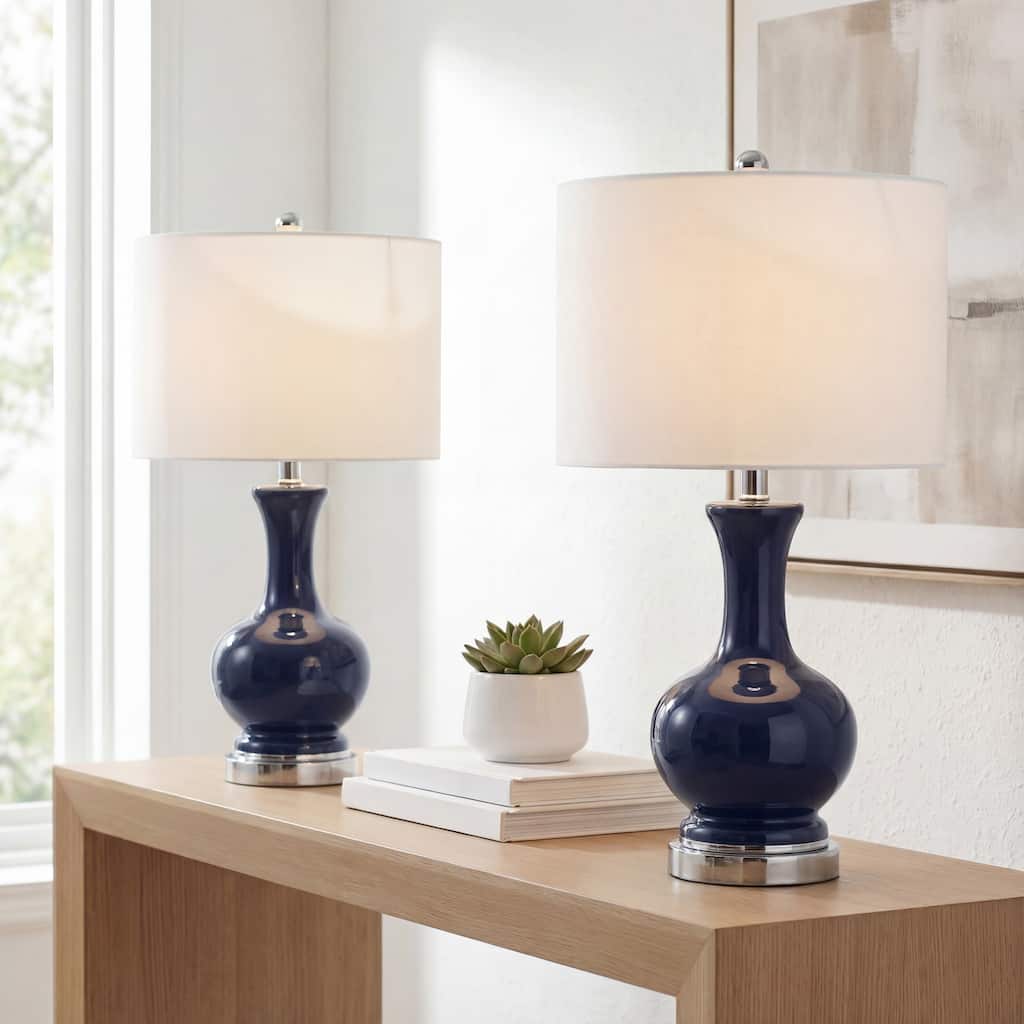 Vermont 22" Glass/Metal LED Table Lamp, White (Set of 2) by JONATHAN Y